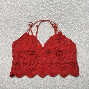 Free Peopl Bralette Top Womens Small Red Lace Scallop Hem Smocked Back Boho